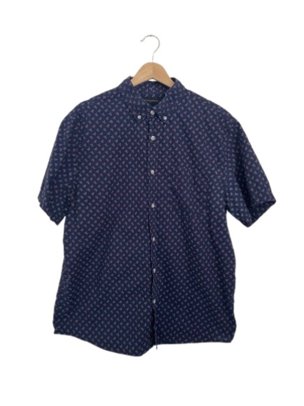Banana Republic Navy Short-Sleeve Button-Down with Small Pink Print